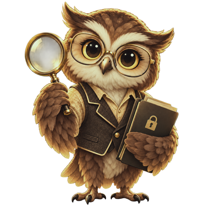 Owl holding a magnifying glass and a protected folder